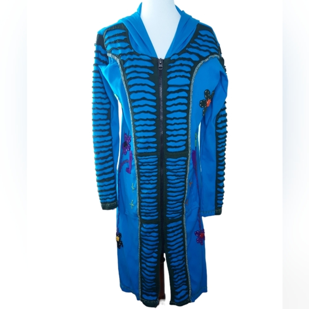 Unique 100% Cotton Hooded Embellished Blue Zip Front Sweatshirt Jacket Size M